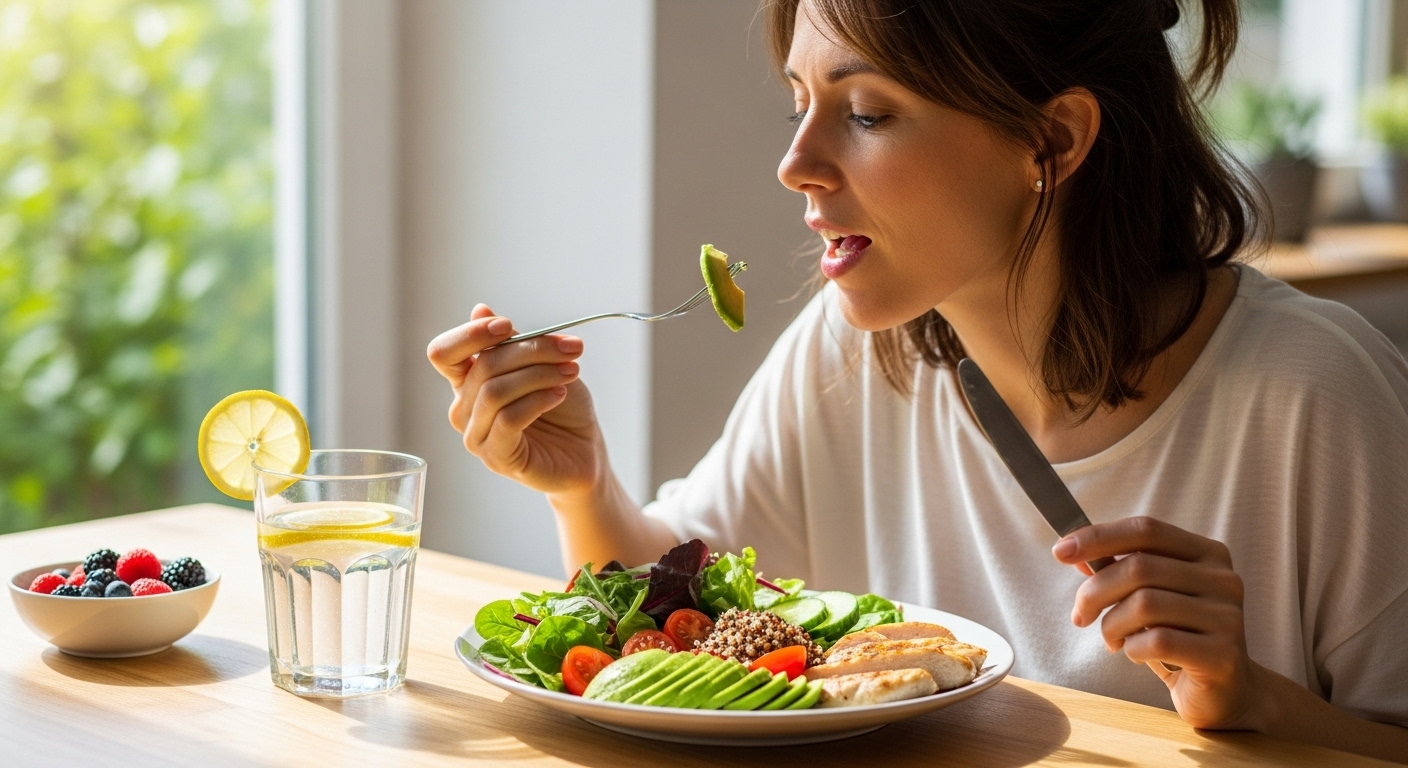 wanita makan makanan sihat