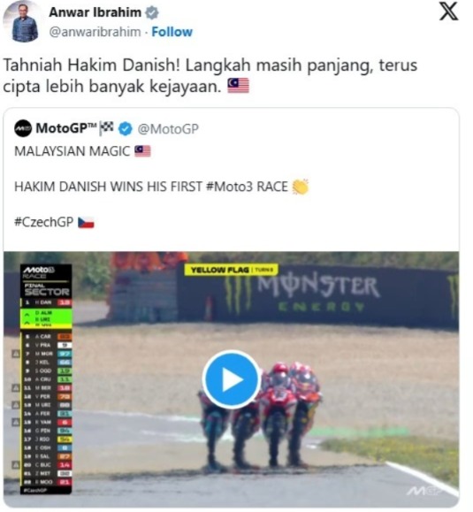 PM Anwar Ucap Tahniah Kepada Hakim Danish Selepas Juarai Moto3 GP Czech ...